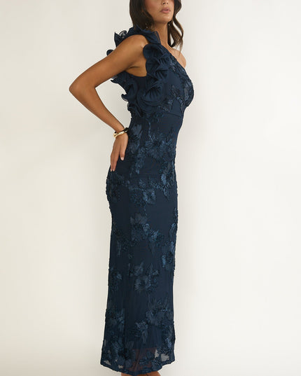 Navy One-Shoulder Ruffle Maxi Dress Floral