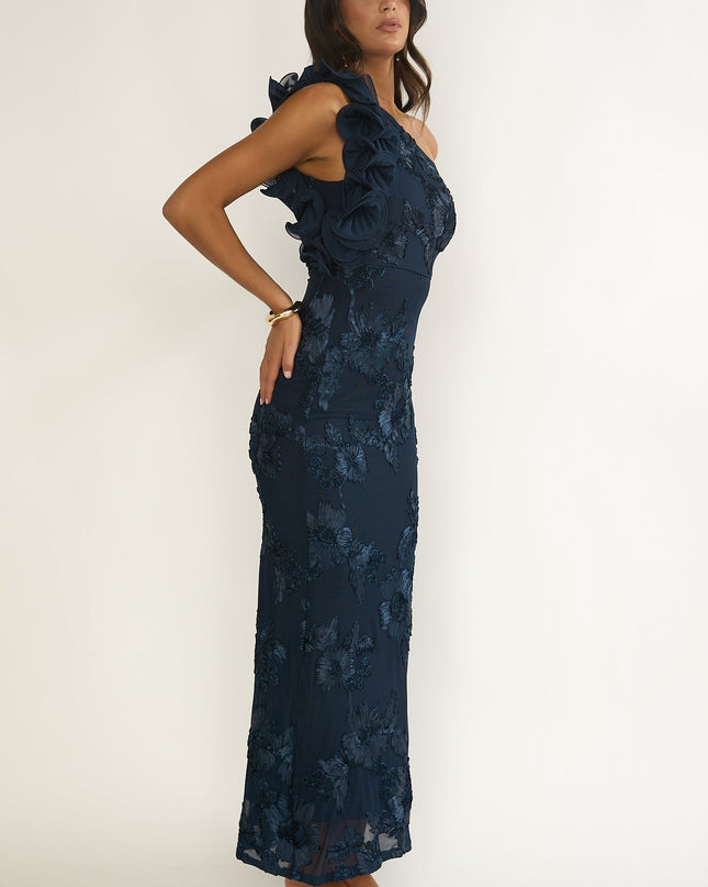 Navy One-Shoulder Ruffle Maxi Dress Floral