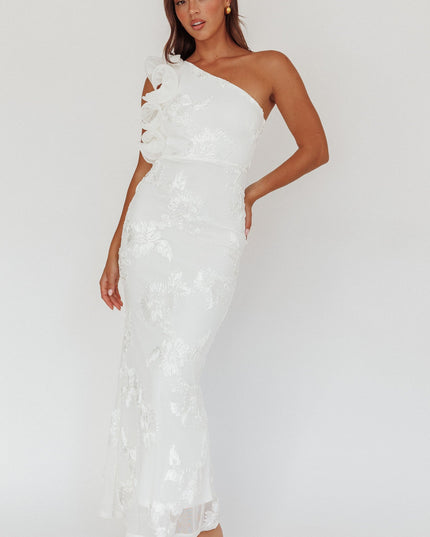 White One-Shoulder Ruffle Maxi Dress Floral Texture