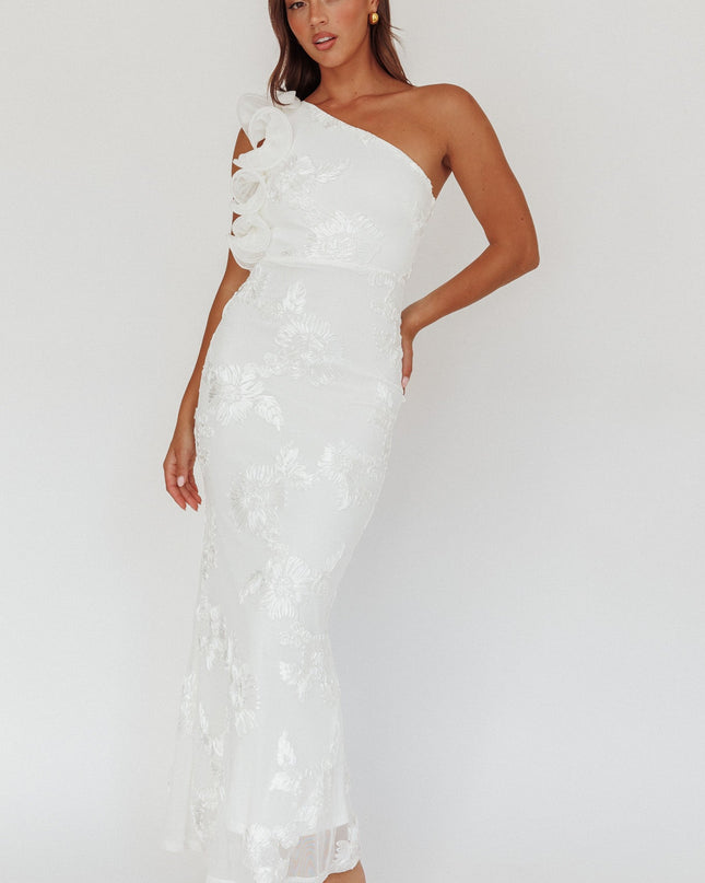 White One-Shoulder Ruffle Maxi Dress Floral Texture