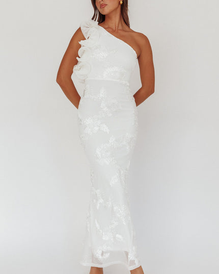 White One-Shoulder Ruffle Maxi Dress Floral Texture