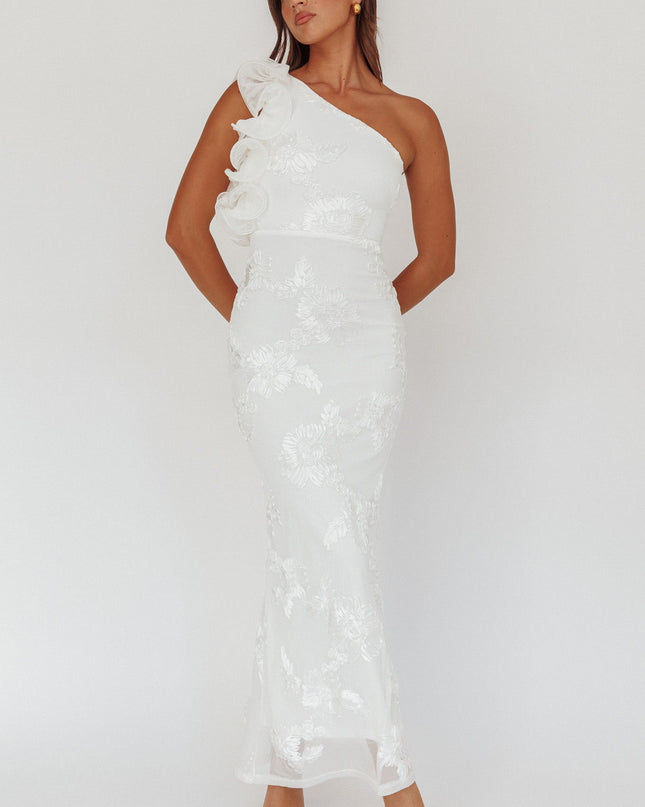 White One-Shoulder Ruffle Maxi Dress Floral Texture