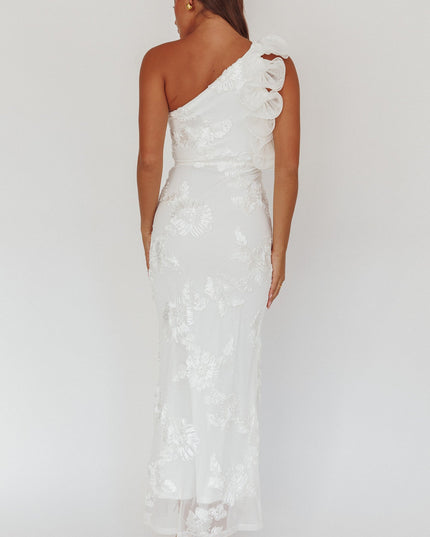 White One-Shoulder Ruffle Maxi Dress Floral Texture