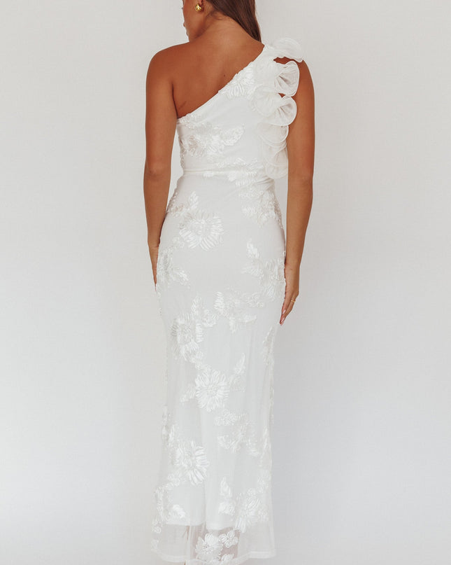 White One-Shoulder Ruffle Maxi Dress Floral Texture