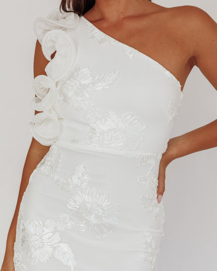 White One-Shoulder Ruffle Maxi Dress Floral Texture