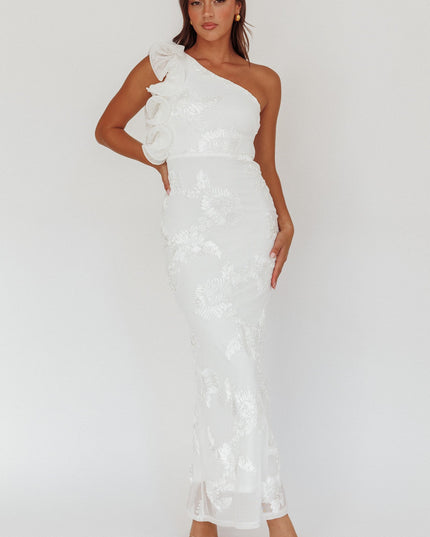 White One-Shoulder Ruffle Maxi Dress Floral Texture