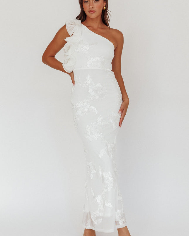 White One-Shoulder Ruffle Maxi Dress Floral Texture