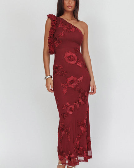 Wine One-Shoulder Ruffle Maxi Dress Floral Texture