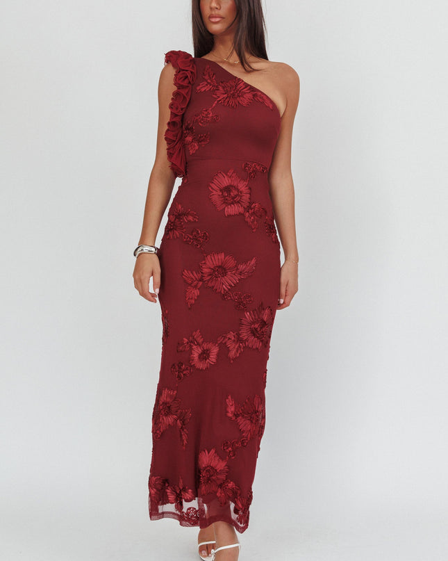 Wine One-Shoulder Ruffle Maxi Dress Floral Texture