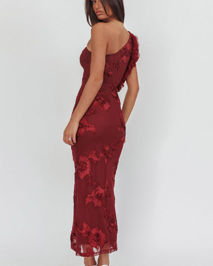 Wine One-Shoulder Ruffle Maxi Dress Floral Texture