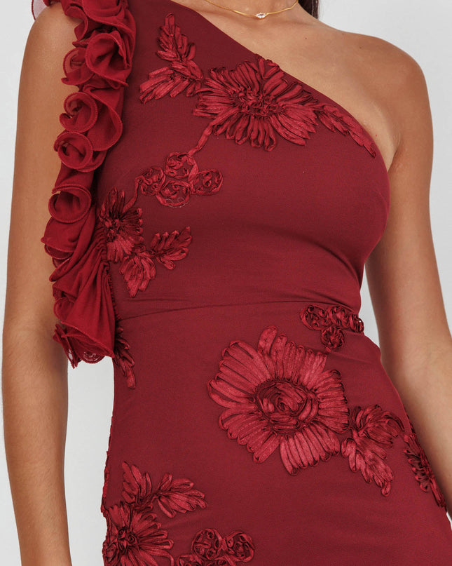 Wine One-Shoulder Ruffle Maxi Dress Floral Texture