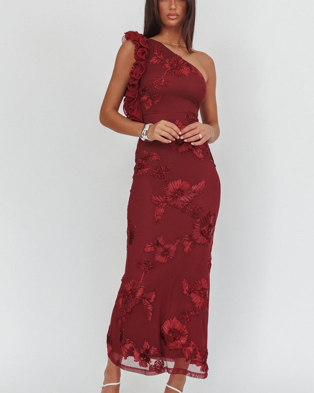 Wine One-Shoulder Ruffle Maxi Dress Floral Texture