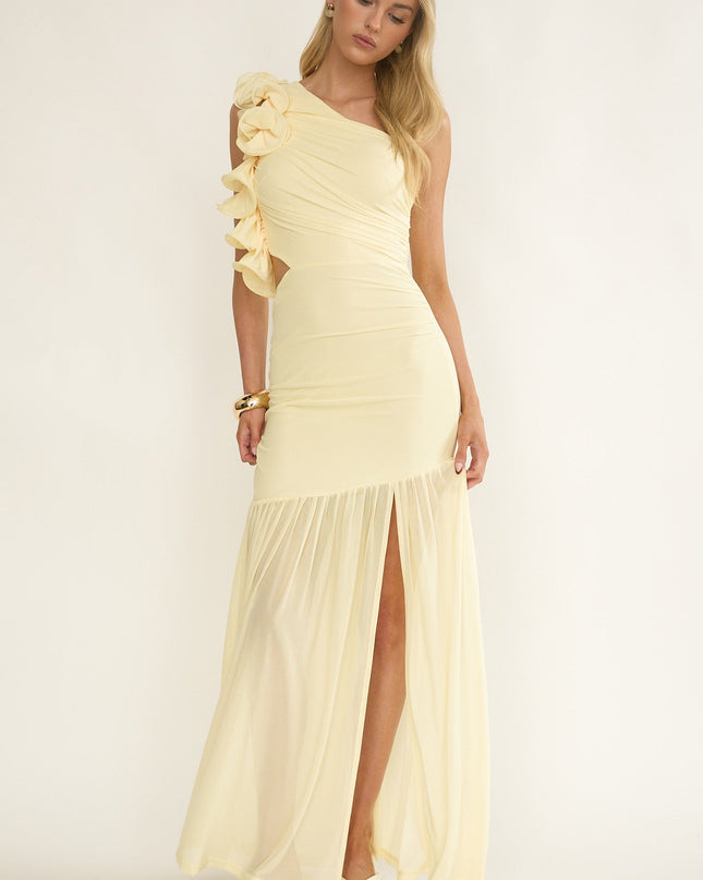 Yellow One-Shoulder Sheer Hem Maxi Dress