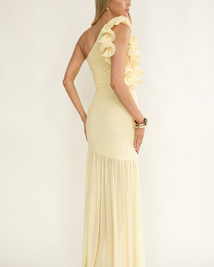 Yellow One-Shoulder Sheer Hem Maxi Dress