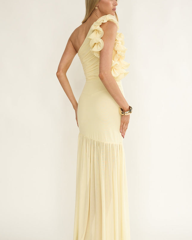 Yellow One-Shoulder Sheer Hem Maxi Dress