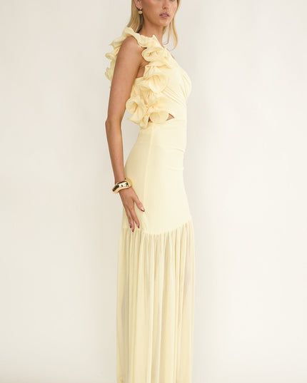 Yellow One-Shoulder Sheer Hem Maxi Dress