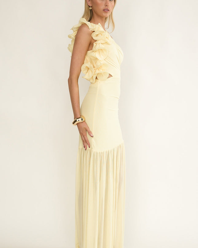 Yellow One-Shoulder Sheer Hem Maxi Dress
