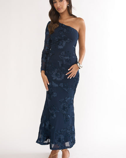 Navy One-Shoulder Sleeve Maxi Dress Embellished