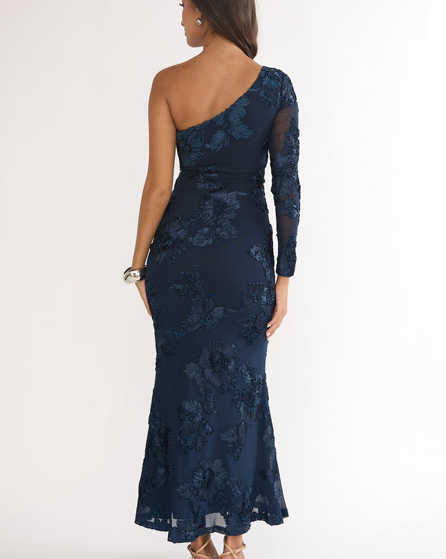 Navy One-Shoulder Sleeve Maxi Dress Embellished