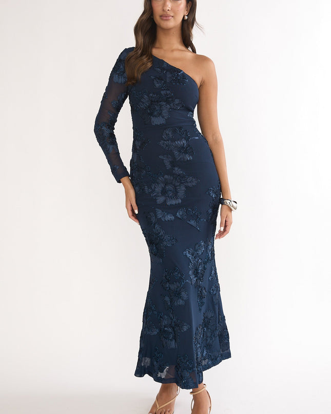 Navy One-Shoulder Sleeve Maxi Dress Embellished