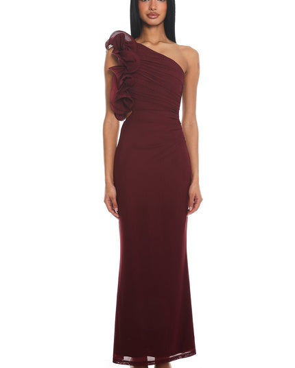 Wine One-Shoulder Ruffle Maxi Dress