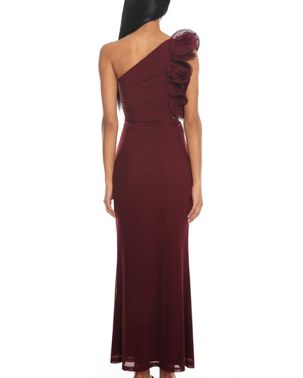 Wine One-Shoulder Ruffle Maxi Dress