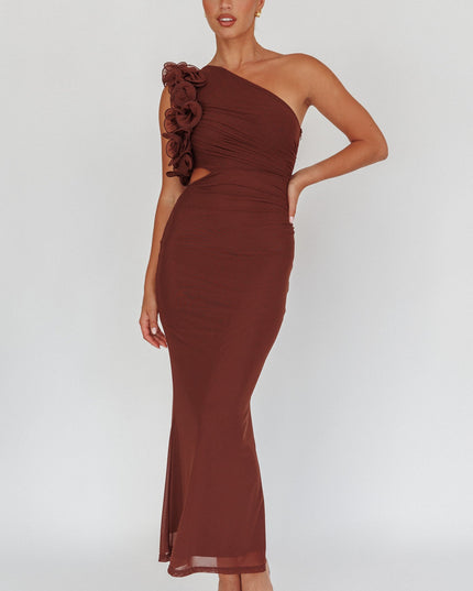 Brown One-Shoulder Ruffle Maxi Dress
