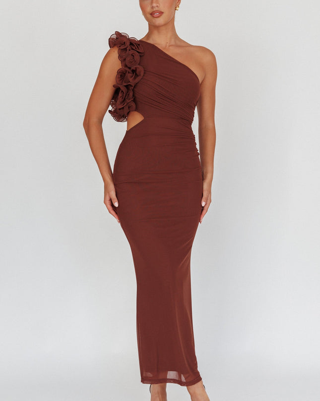 Brown One-Shoulder Ruffle Maxi Dress