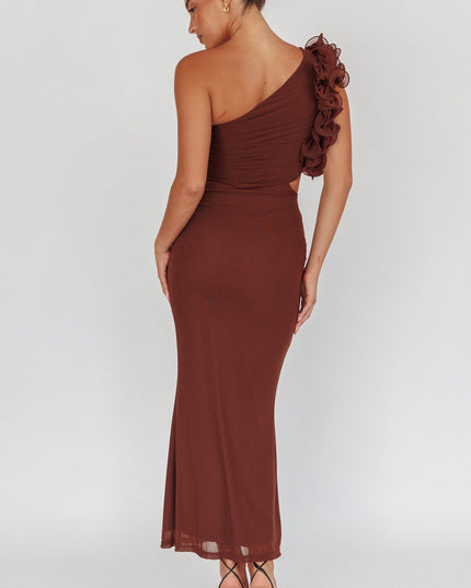 Brown One-Shoulder Ruffle Maxi Dress