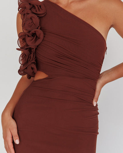 Brown One-Shoulder Ruffle Maxi Dress