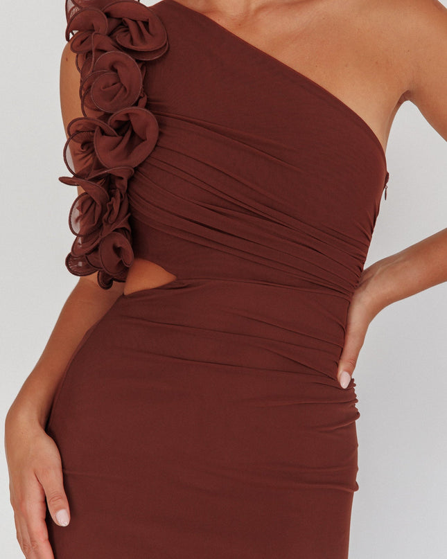 Brown One-Shoulder Ruffle Maxi Dress