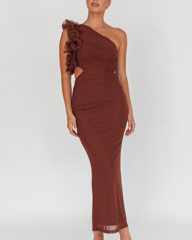 Brown One-Shoulder Ruffle Maxi Dress