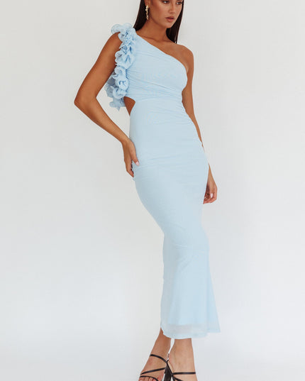Light Blue One-Shoulder Ruffle Maxi Dress