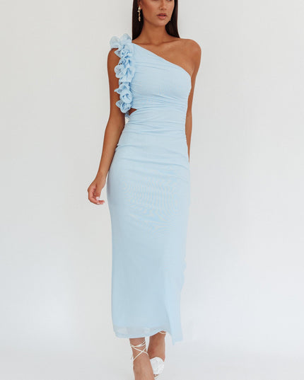Light Blue One-Shoulder Ruffle Maxi Dress
