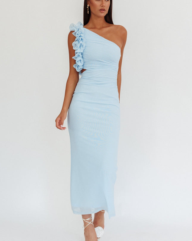 Light Blue One-Shoulder Ruffle Maxi Dress