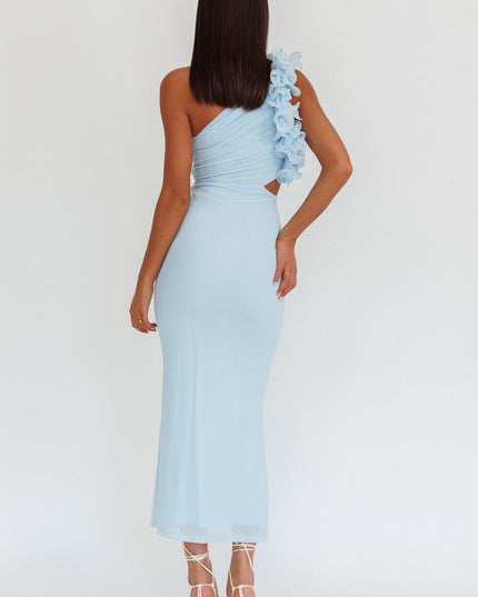 Light Blue One-Shoulder Ruffle Maxi Dress