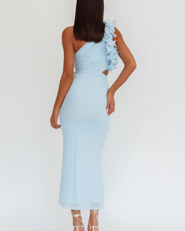 Light Blue One-Shoulder Ruffle Maxi Dress