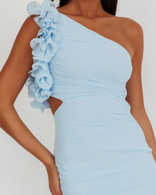 Light Blue One-Shoulder Ruffle Maxi Dress