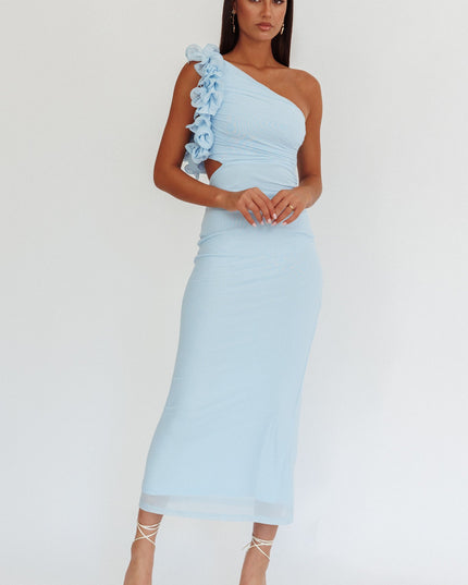 Light Blue One-Shoulder Ruffle Maxi Dress