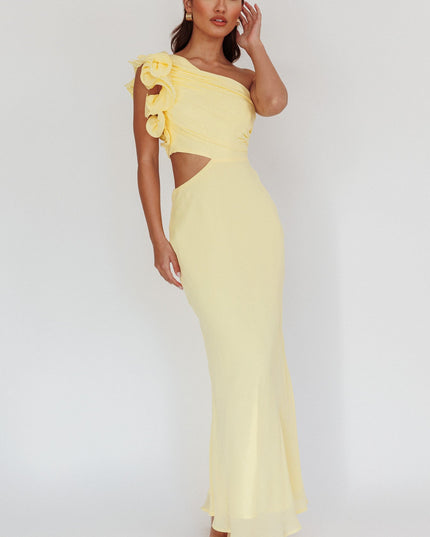 Yellow One-Shoulder Ruffle Maxi Dress