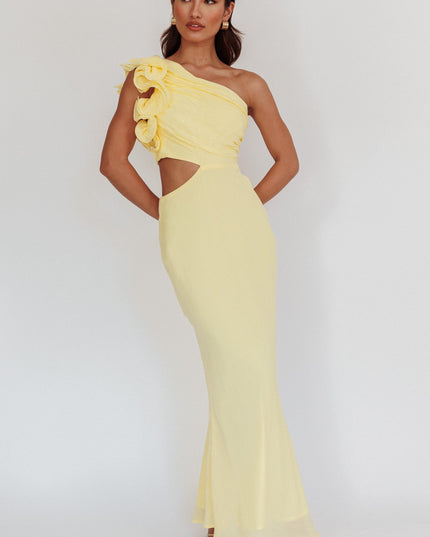 Yellow One-Shoulder Ruffle Maxi Dress