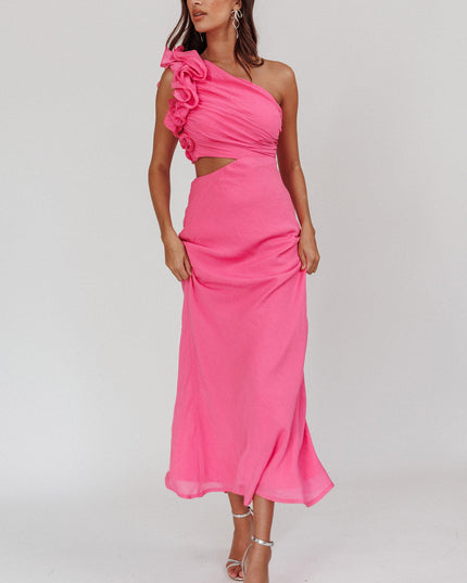 Hot Pink One-Shoulder Ruffle Maxi Dress