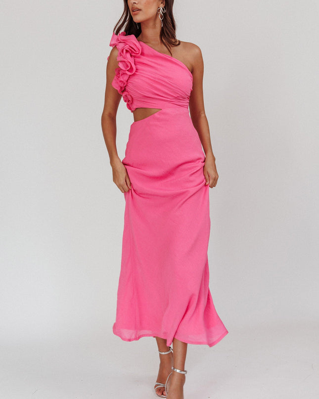 Hot Pink One-Shoulder Ruffle Maxi Dress