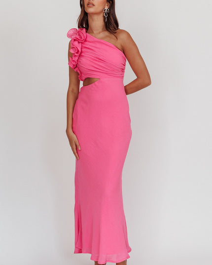 Hot Pink One-Shoulder Ruffle Maxi Dress