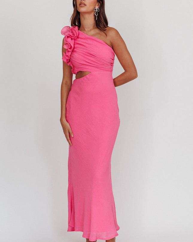 Hot Pink One-Shoulder Ruffle Maxi Dress