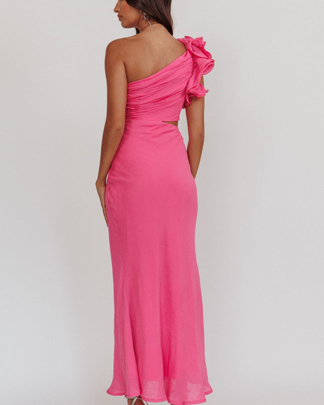 Hot Pink One-Shoulder Ruffle Maxi Dress