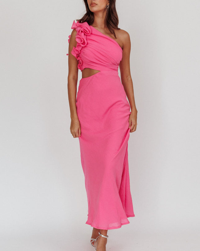 Hot Pink One-Shoulder Ruffle Maxi Dress