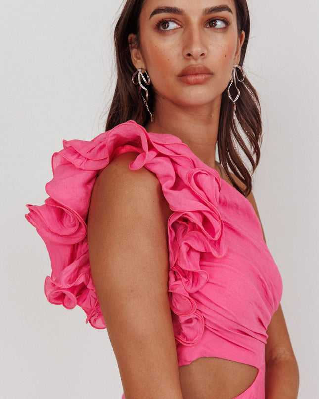 Hot Pink One-Shoulder Ruffle Maxi Dress