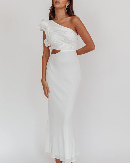 White One-Shoulder Ruffle Maxi Dress