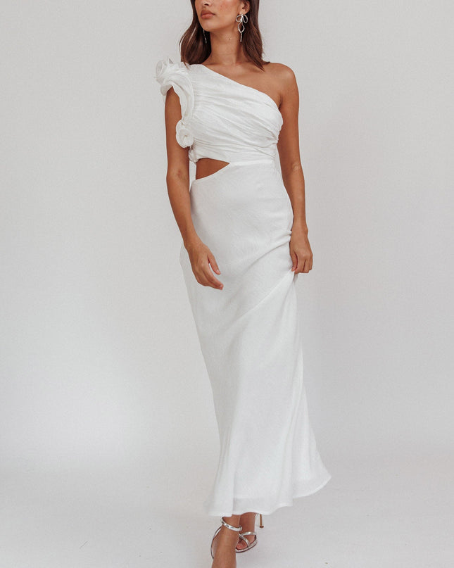 White One-Shoulder Ruffle Maxi Dress